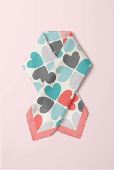 Kadın Pembe  Mavi Kalp Desenli 50x50 Bandana HYL DG0546-22 - Resim 5