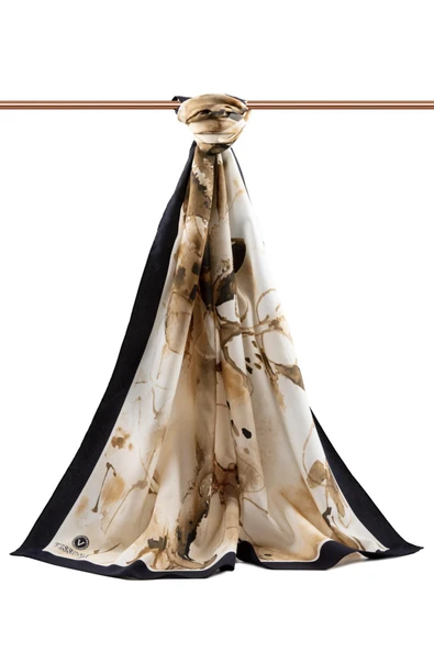 LÜKS MEDİNE İPEĞİ SULU BOYA YAPRAK DESENLİ BEJ RENKLİ 75X195 KIRIŞMAZ ŞAL MOSS KREP DİKİŞ TİPİ İTALYAN DİKİŞLİ - Resim 2