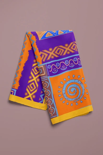 B83 Kadın Etnik Desenli Bandana 50x50 Mor DG0260-22 Snz - Resim 5