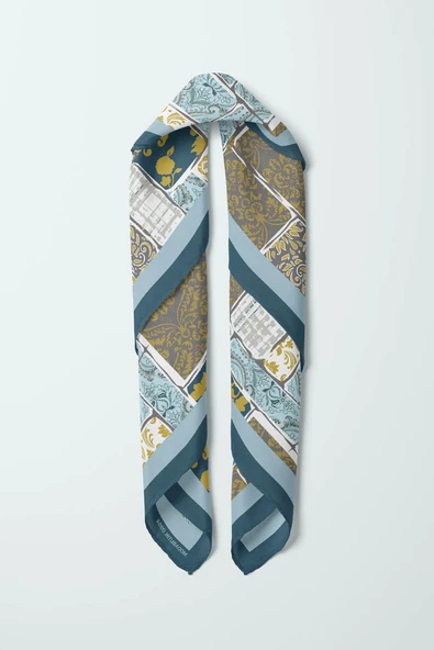 D55 Kadın Hardal Açık Mavi Field Desenli 50x50 Bandana - Resim 5