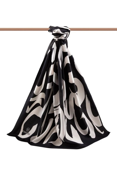 LÜKS MEDİNE İPEĞİ FIRÇA DARBESİ DESENLİ SİYAH - KREM RENKLİ 75X195 KIRIŞMAZ ŞAL MOSS KREP DİKİŞ TİPİ İTALYAN DİKİŞLİ - Resim 2