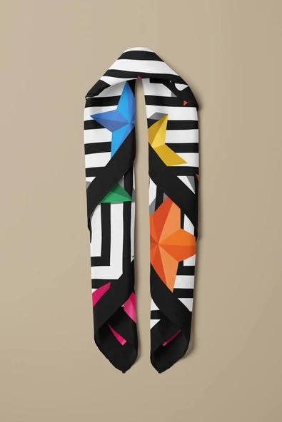 Y68 Kadın Yıldız Desenli Bandana 50x50 Sarı Yeşil DG0343-22 - Resim 3