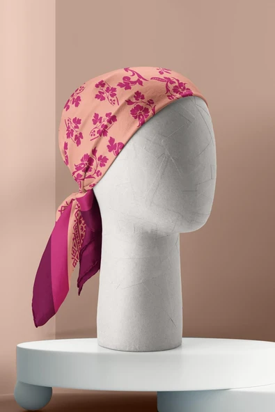 E110 Kadın Vintage Desenli Bandana 50x50 Pembe DG0206-22 Snz - Resim 4