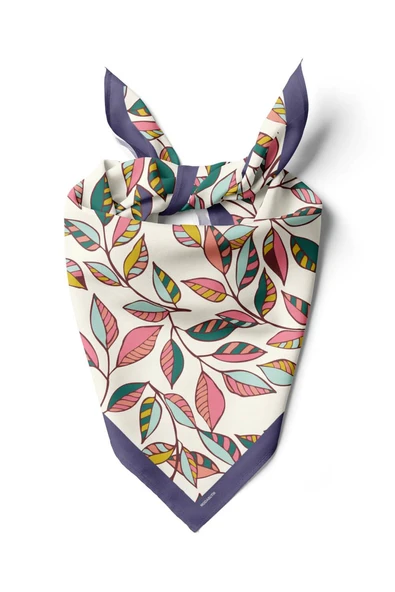 Y49 Kadın Yaprak Desenli Bandana 50x50 Turuncu Beyaz Yeşil DG0452-22 ürün görseli