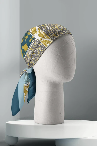 D55 Kadın Hardal Açık Mavi Field Desenli 50x50 Bandana - Resim 3