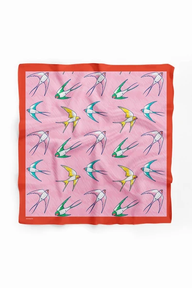 B45 Kadın Kuş Desenli Bandana 50x50 Pembe DG0410-22 - Resim 2