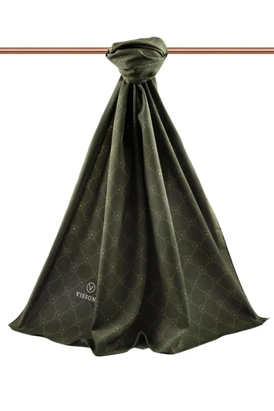 LÜKS MEDİNE İPEĞİ MONOGRAM DESENLİ HAKİ RENKLİ 75X195 KIRIŞMAZ ŞAL MOSS KREP DİKİŞ TİPİ İTALYAN DİKİŞLİ - Resim 2