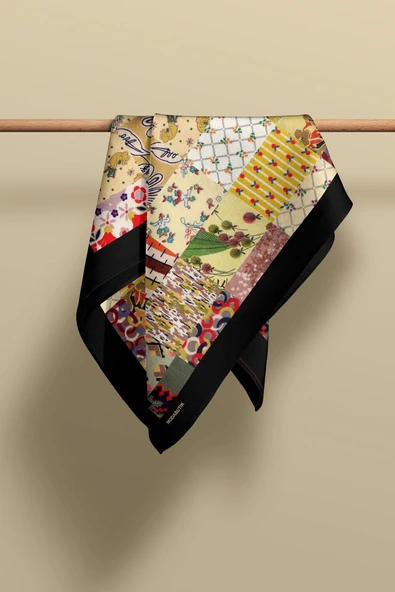 D99 Kadın Patchwork Desenli Bandana 50x50 Yeşil Sarı DG0259-22 - Resim 6