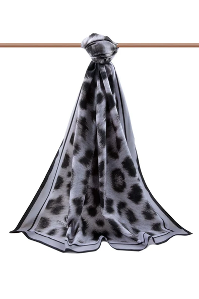 LÜKS MEDİNE İPEĞİ LEOPAR DESENLİ SİYAH  RENKLİ 75X195 KIRIŞMAZ ŞAL MOSS KREP DİKİŞ TİPİ İTALYAN DİKİŞLİ - Resim 2