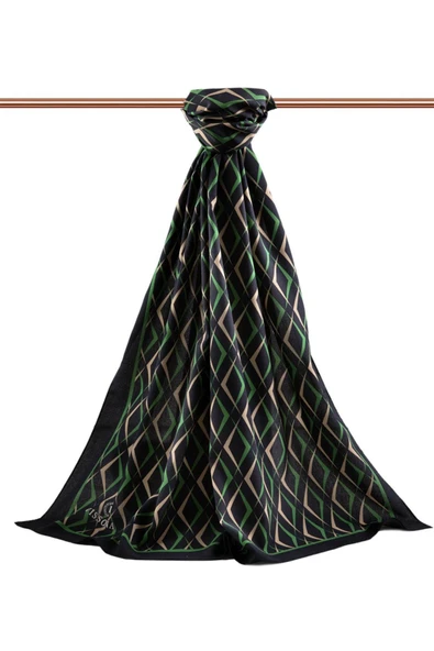 LÜKS MEDİNE İPEĞİ GEOMETRİK DESENLİ SİYAH - ZÜMRÜT YEŞİLİ RENKLİ 75X195 KIRIŞMAZ ŞAL MOSS KREP DİKİŞ TİPİ İTALYAN DİKİŞLİ - Resim 2