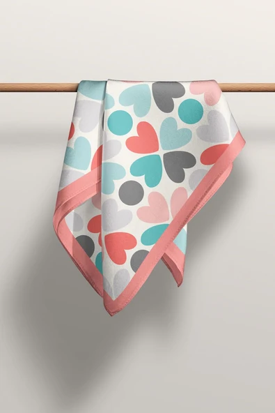 Kadın Pembe  Mavi Kalp Desenli 50x50 Bandana HYL DG0546-22 - Resim 3