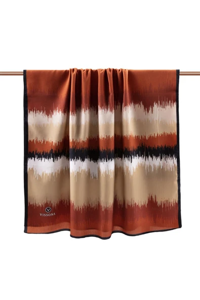 LÜKS MEDİNE İPEĞİ FREKANS  DESENLİ TABA RENKLİ 75X195 KIRIŞMAZ ŞAL MOSS KREP DİKİŞ TİPİ İTALYAN DİKİŞLİ - Resim 2