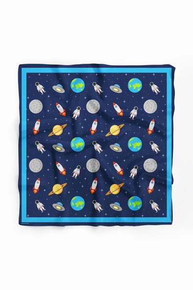 C50 Kadın Lacivert Beyaz Astronot Desenli 50x50 Bandana DG0967-22 - Resim 2