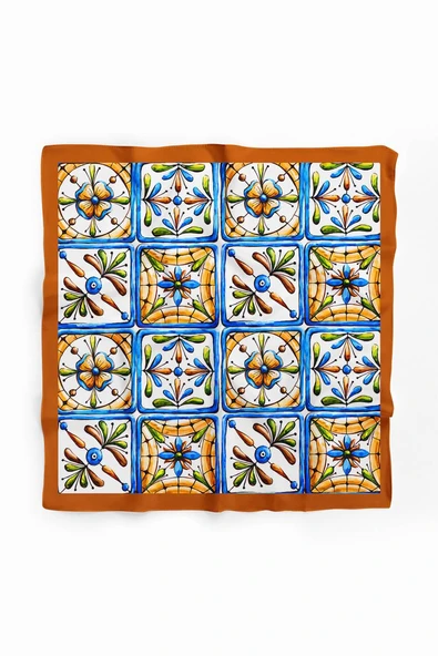 E29 Kadın Kareli Desenli Bandana 50x50 Mavi Sarı DG0338-22 - Resim 2