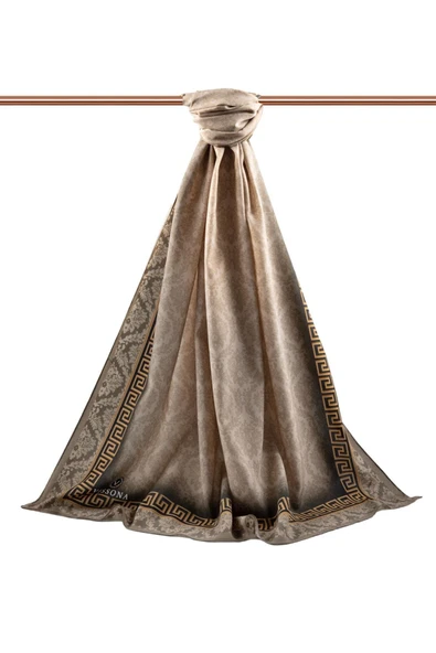 LÜKS MEDİNE İPEĞİ GOLD DETAYLI BAROK DESENLİ BEJ RENKLİ 75X195 KIRIŞMAZ ŞAL MOSS KREP DİKİŞ TİPİ İTALYAN DİKİŞLİ - Resim 2