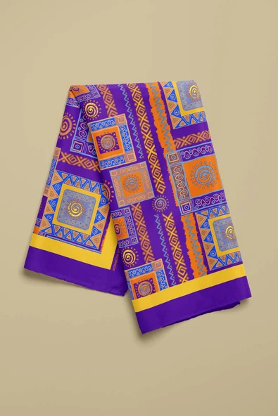 H16 Kadın Mor Sarı Ethnic Patch Desenli 50x50 Bandana - Resim 3