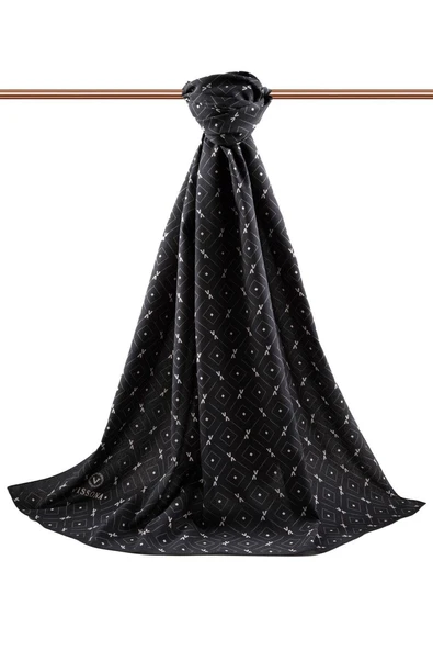 LÜKS MEDİNE İPEĞİ GEOMETRİK DESENLİ SİYAH RENKLİ 75X195 KIRIŞMAZ ŞAL MOSS KREP DİKİŞ TİPİ İTALYAN DİKİŞLİ - Resim 2