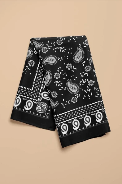 H6 Kadın Siyah Beyaz Şal Desenli 50x50 Bandana HYL DG01367-22 - Resim 5