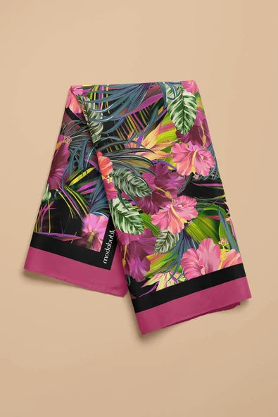 G39 Kadın Yeşil Pembe Çiçek Desenli 50x50 Bandana - Resim 4