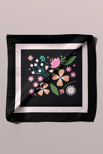 Kadın Siyah Pembe Çiçek Desenli 50x50 Bandana HYL DG01696-22 - Resim 6