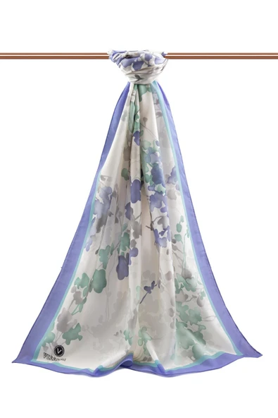 LÜKS MEDİNE İPEĞİ ÇİÇEK DESENLİ BEBE MAVİSİ RENKLİ 75X195 KIRIŞMAZ ŞAL MOSS KREP DİKİŞ TİPİ İTALYAN DİKİŞLİ - Resim 2