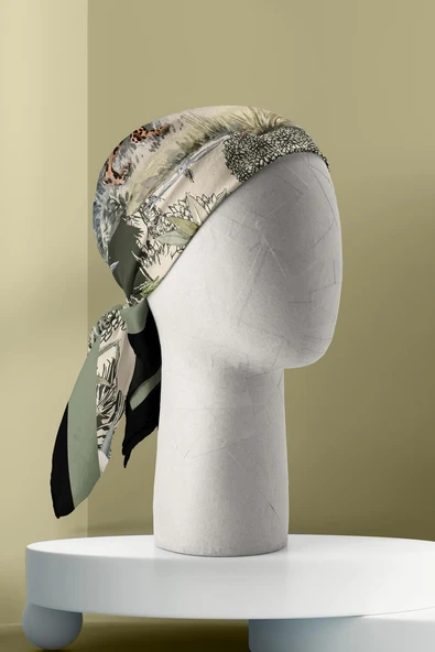 H35 Kadın Su Yeşili Krem Amazon Desenli Bandana HYL DG01124-22 - Resim 3