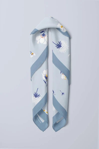 Kadın Çiçek Desenli Bandana 50x50 Açık Mavi DG0157-22 Snz - Resim 4