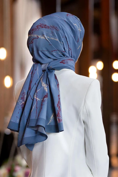 LÜKS MEDİNE İPEĞİ MERMER DESENLİ İNDİGO RENKLİ 75X195 KIRIŞMAZ ŞAL MOSS KREP DİKİŞ TİPİ İTALYAN DİKİŞLİ ürün görseli 1