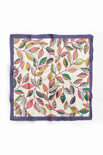 Y49 Kadın Yaprak Desenli Bandana 50x50 Turuncu Beyaz Yeşil DG0452-22 - Resim 2