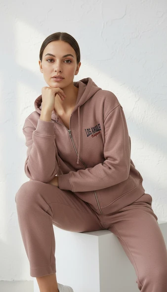 Kadın Kapşonlu Fermuarlı Üç İp Şardonlu Julia Sweatshirt Somon ürün görseli