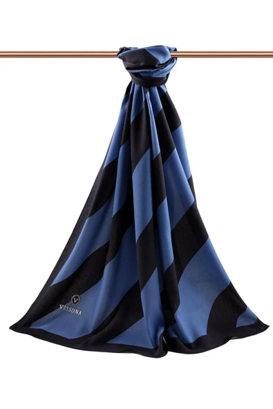 LÜKS MEDİNE İPEĞİ ÇİZGİLİ DESENLİ İNDİGO - SİYAH RENKLİ 75X195 KIRIŞMAZ ŞAL MOSS KREP DİKİŞ TİPİ İTALYAN DİKİŞLİ - Resim 2