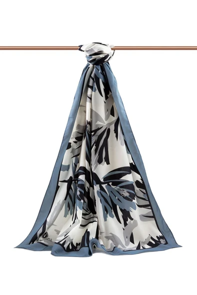 LÜKS MEDİNE İPEĞİ YAPRAK DESENLİ BUZ MAVİSİ RENKLİ 75X195 KIRIŞMAZ ŞAL MOSS KREP DİKİŞ TİPİ İTALYAN DİKİŞLİ - Resim 2