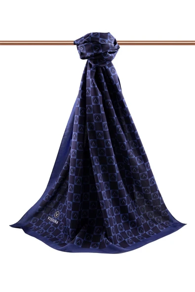 LÜKS MEDİNE İPEĞİ MONOGRAM DESENLİ LACİVERT - İNDİGO RENKLİ 75X195 KIRIŞMAZ ŞAL MOSS KREP DİKİŞ TİPİ İTALYAN DİKİŞLİ - Resim 2