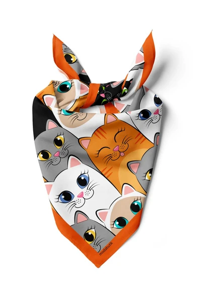 B88 Kadın Kedi Desenli Bandana 50x50 Gri Sarı DG0397-22 ürün görseli