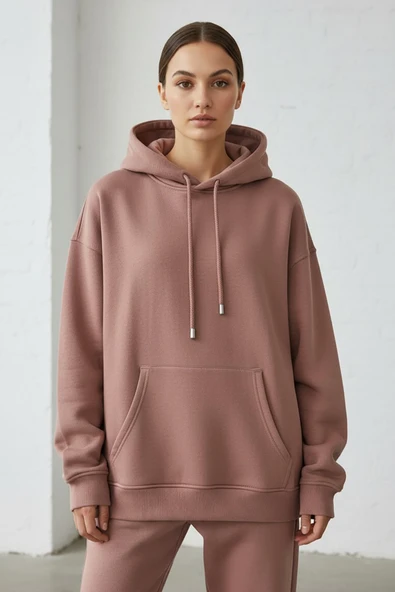 Kadın Pendepe Üç İp Şardonlu Kapşonlu Kanguru Cep Sweatshirt Somon - Resim 2