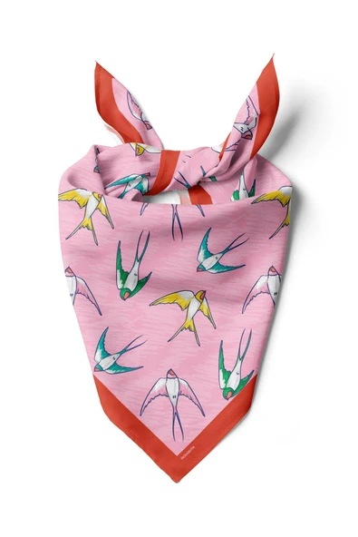 B45 Kadın Kuş Desenli Bandana 50x50 Pembe DG0410-22 ürün görseli