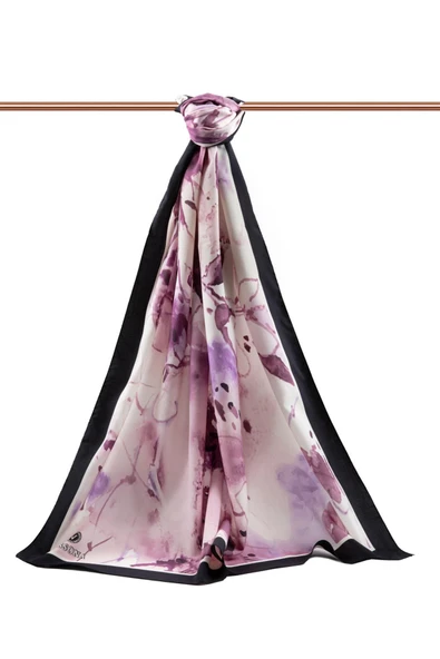 LÜKS MEDİNE İPEĞİ SULU BOYA YAPRAK DESENLİ LİLA RENKLİ 75X195 KIRIŞMAZ ŞAL MOSS KREP DİKİŞ TİPİ İTALYAN DİKİŞLİ - Resim 2