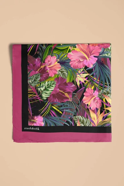 G39 Kadın Yeşil Pembe Çiçek Desenli 50x50 Bandana - Resim 5