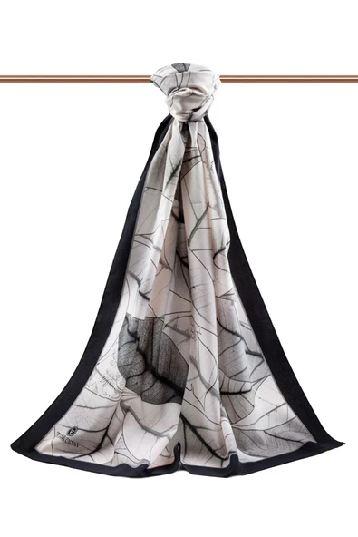 LÜKS MEDİNE İPEĞİ YAPRAK DESENLİ GRİ RENKLİ 75X195 KIRIŞMAZ ŞAL MOSS KREP DİKİŞ TİPİ İTALYAN DİKİŞLİ - Resim 2