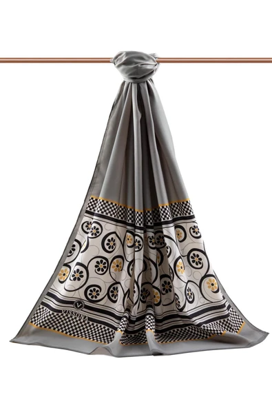 LÜKS MEDİNE İPEĞİ KENAR MOTİFİ ÇİÇEK DESENLİ GÜMÜŞ RENKLİ 75X195 KIRIŞMAZ ŞAL MOSS KREP DİKİŞ TİPİ İTALYAN DİKİŞLİ - Resim 2