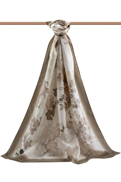 LÜKS MEDİNE İPEĞİ ÇİÇEK DESENLİ BEJ RENKLİ 75X195 KIRIŞMAZ ŞAL MOSS KREP DİKİŞ TİPİ İTALYAN DİKİŞLİ - Resim 2