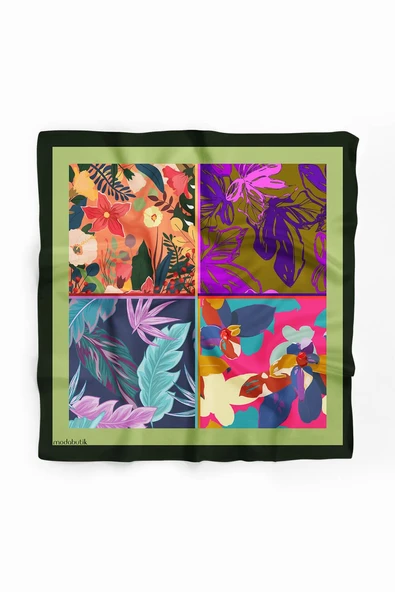 A61 Kadın Turkuaz Mavi Çiçekli Desenli 50x50 Bandana HYL DG01269-22 - Resim 2