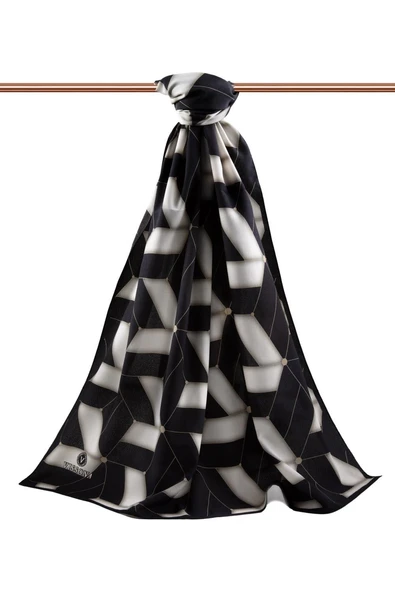 LÜKS MEDİNE İPEĞİ GEOMETRİK DESENLİ KREM RENKLİ 75X195 KIRIŞMAZ ŞAL MOSS KREP DİKİŞ TİPİ İTALYAN DİKİŞLİ - Resim 2