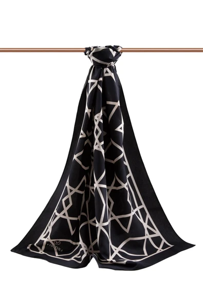 LÜKS MEDİNE İPEĞİ ÇİZGİLİ DESENLİ SİYAH - KREM RENKLİ 75X195 KIRIŞMAZ ŞAL MOSS KREP DİKİŞ TİPİ İTALYAN DİKİŞLİ - Resim 2