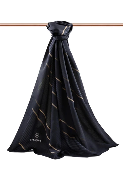 LÜKS MEDİNE İPEĞİ ÇAPRAZ ÇİZGİLİ DESENLİ SİYAH RENKLİ 75X195 KIRIŞMAZ ŞAL MOSS KREP DİKİŞ TİPİ İTALYAN DİKİŞLİ - Resim 2