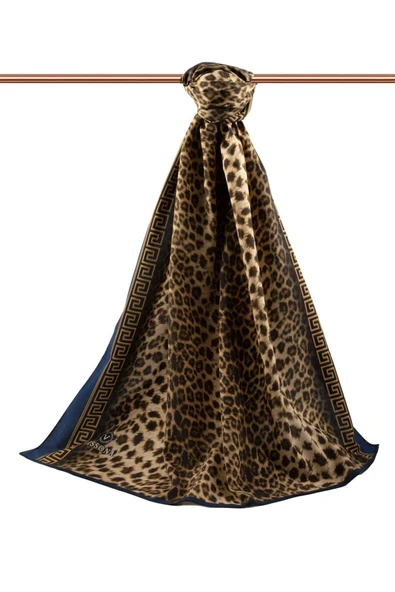 LÜKS MEDİNE BAROK BARDÜRLÜ LEOPAR DESENLİ HARDAL - LACİVERT RENKLİ 75X195 KIRIŞMAZ ŞAL MOSS KREP DİKİŞ TİPİ İTALYAN DİKİŞLİ - Resim 2