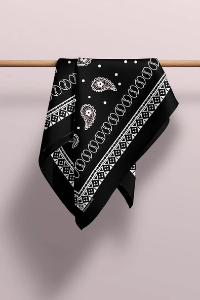 F46 Kadın Siyah Beyaz Şal Desenli 50x50 Bandana HYL DG01359-22 - Resim 6