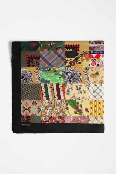 D99 Kadın Patchwork Desenli Bandana 50x50 Yeşil Sarı DG0259-22 - Resim 3