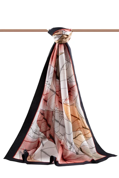 LÜKS MEDİNE İPEĞİ YAPRAK DESENLİ KIRMIZI RENKLİ 75X195 KIRIŞMAZ ŞAL MOSS KREP DİKİŞ TİPİ İTALYAN DİKİŞLİ - Resim 2