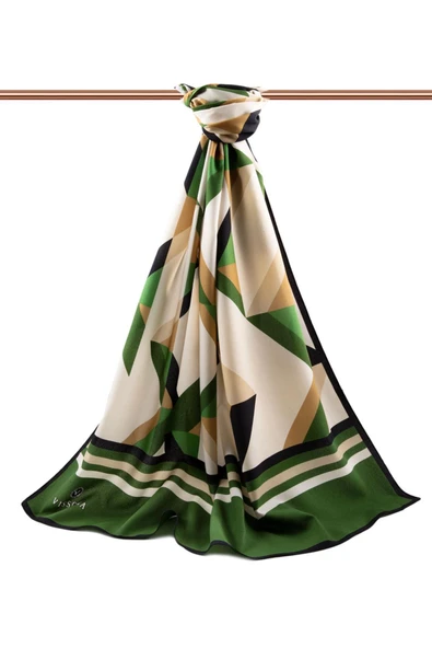 LÜKS MEDİNE İPEĞİ GEOMETRİK DESENLİ ZÜMRÜT YEŞİLİ RENKLİ 75X195 KIRIŞMAZ ŞAL MOSS KREP DİKİŞ TİPİ İTALYAN DİKİŞLİ - Resim 2